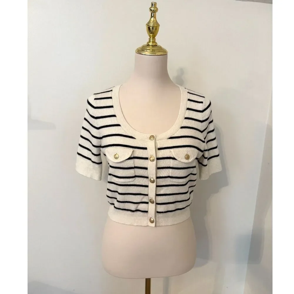 J.Crew Button-Up Sweater Tee Ivory Black Stripe Wool Linen Gold Buttons M